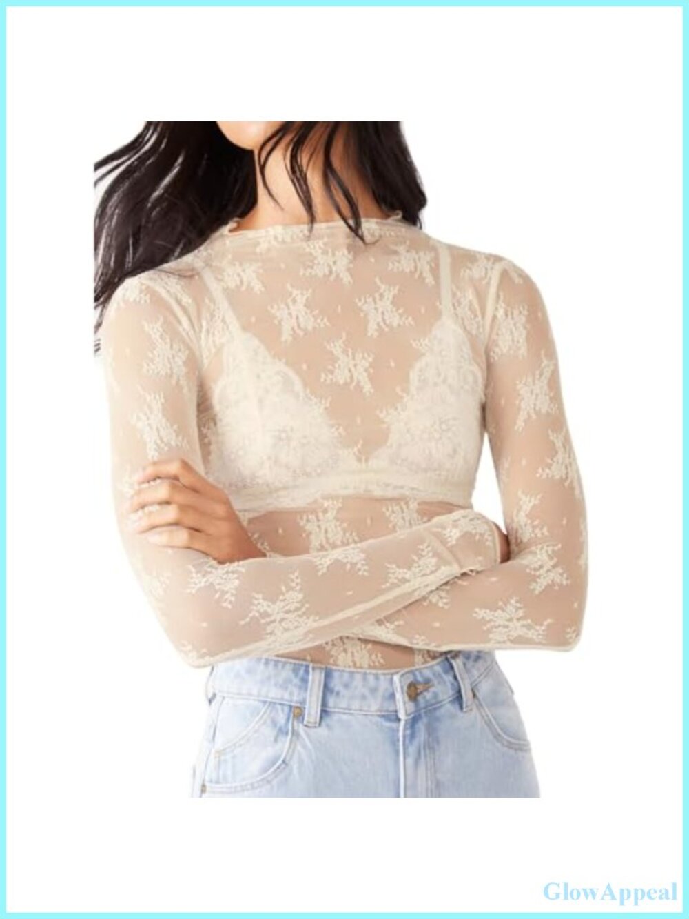 Sheer Mesh Long Sleeve Layering Top Mock Neck Floral Lace Tee